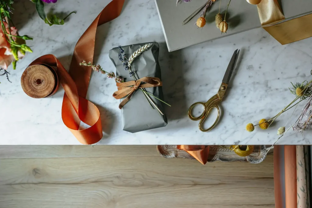 a wedding wrapping station gift wrapped in grey paper with a ribbon and scissors