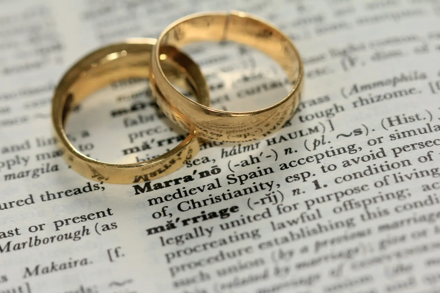 a pair of gold wedding rings on a dictionary page